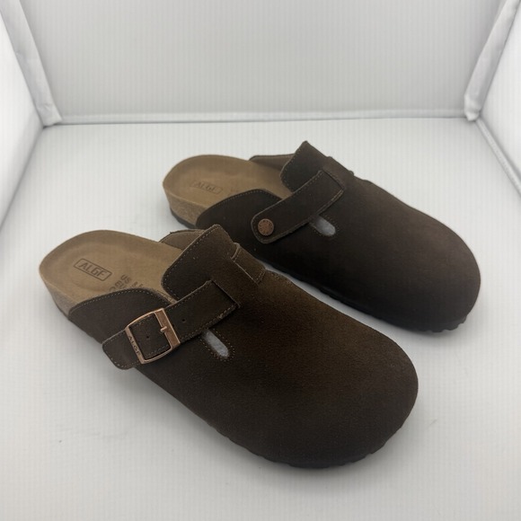 ALGF Shoes - Genuine Suede Clogs And Mules Slip-On Buckle Slides In Coffee Size 6.5 Women's.